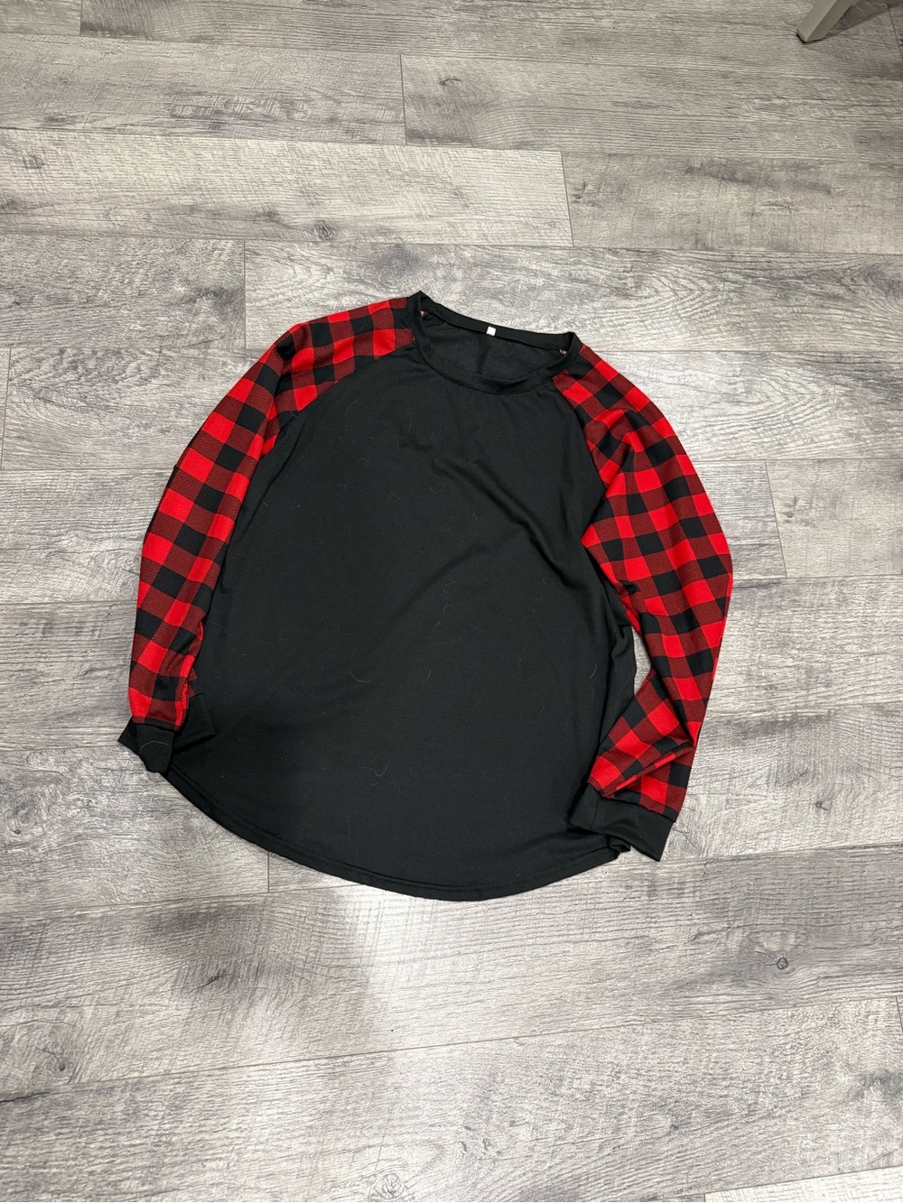 Black Long Sleeve T-Shirt with Red Buffalo Plaid Sleeves